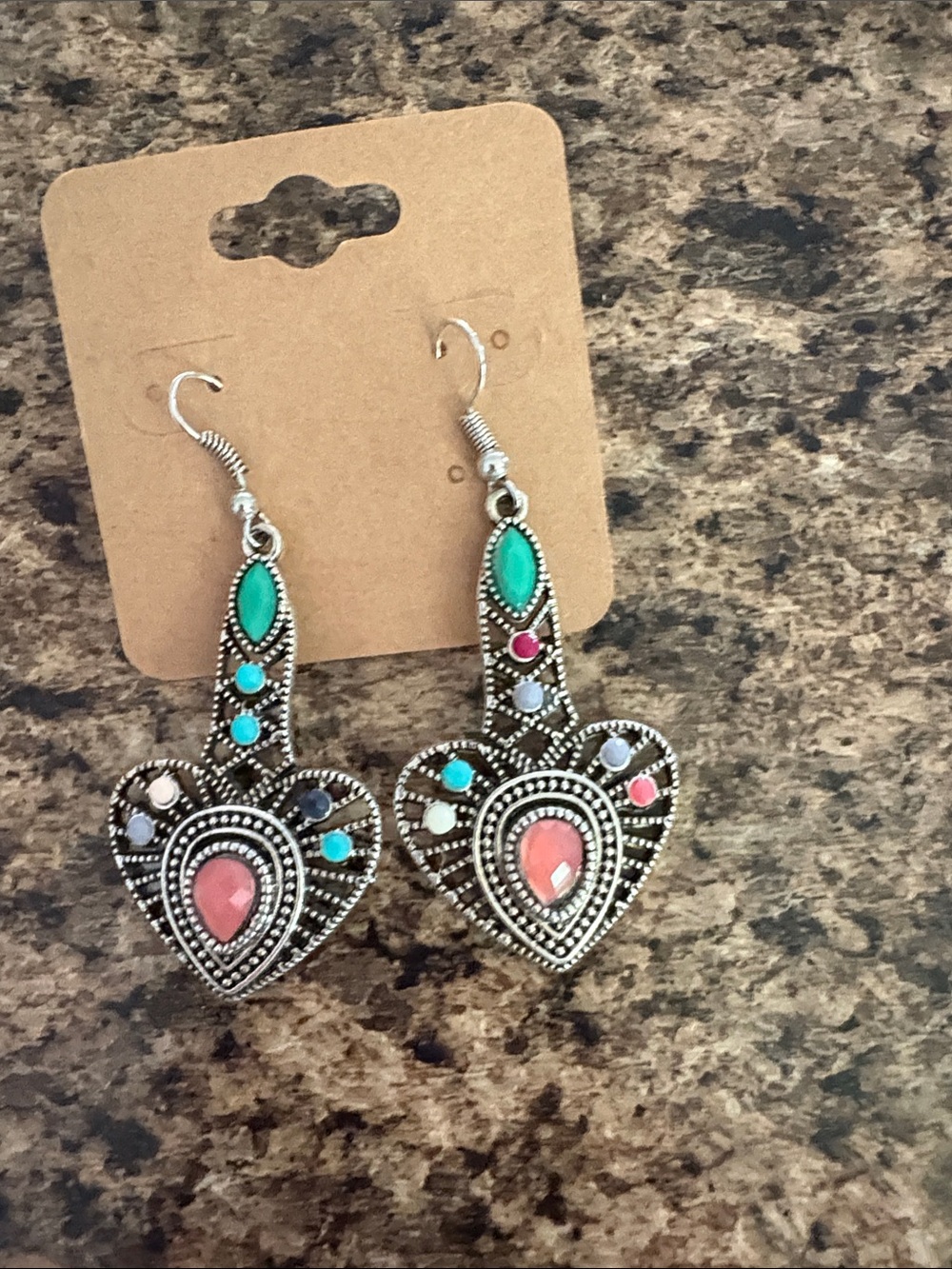 Boho Heart Drop Earrings with Turquoise and Coral Accents